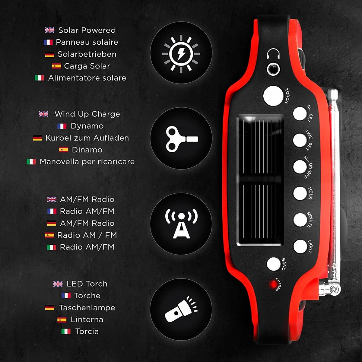 Duronic Apex Radio Solar de Emergencia con Manivela y Batería Recargable | Mostrando una vista cenital del panel superior de la radio portátil en color rojo y negro, acompañada de iconos explicativos y textos multilingües que detallan sus funciones principales: carga solar, carga por dinamo de manivela, sintonización de radio AM/FM y linterna LED integrada