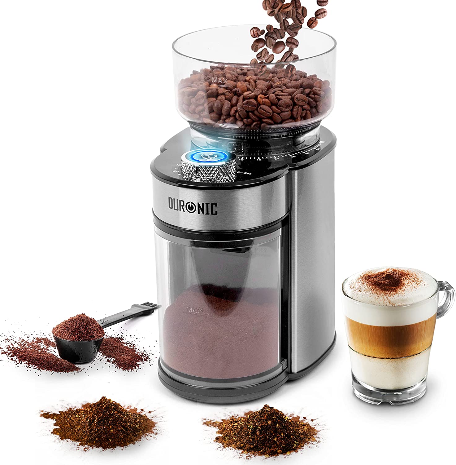 Duronic BG200 Molinillo de café eléctrico | Mostrando el molinillo de café eléctrico con cuerpo de acero inoxidable y el logotipo de Duronic, mientras granos de café caen en su recipiente superior transparente, se almacena café molido en el depósito inferior y se muestran montones de café molido, una cuchara dosificadora con cepillo y una taza de café tipo latte al lado