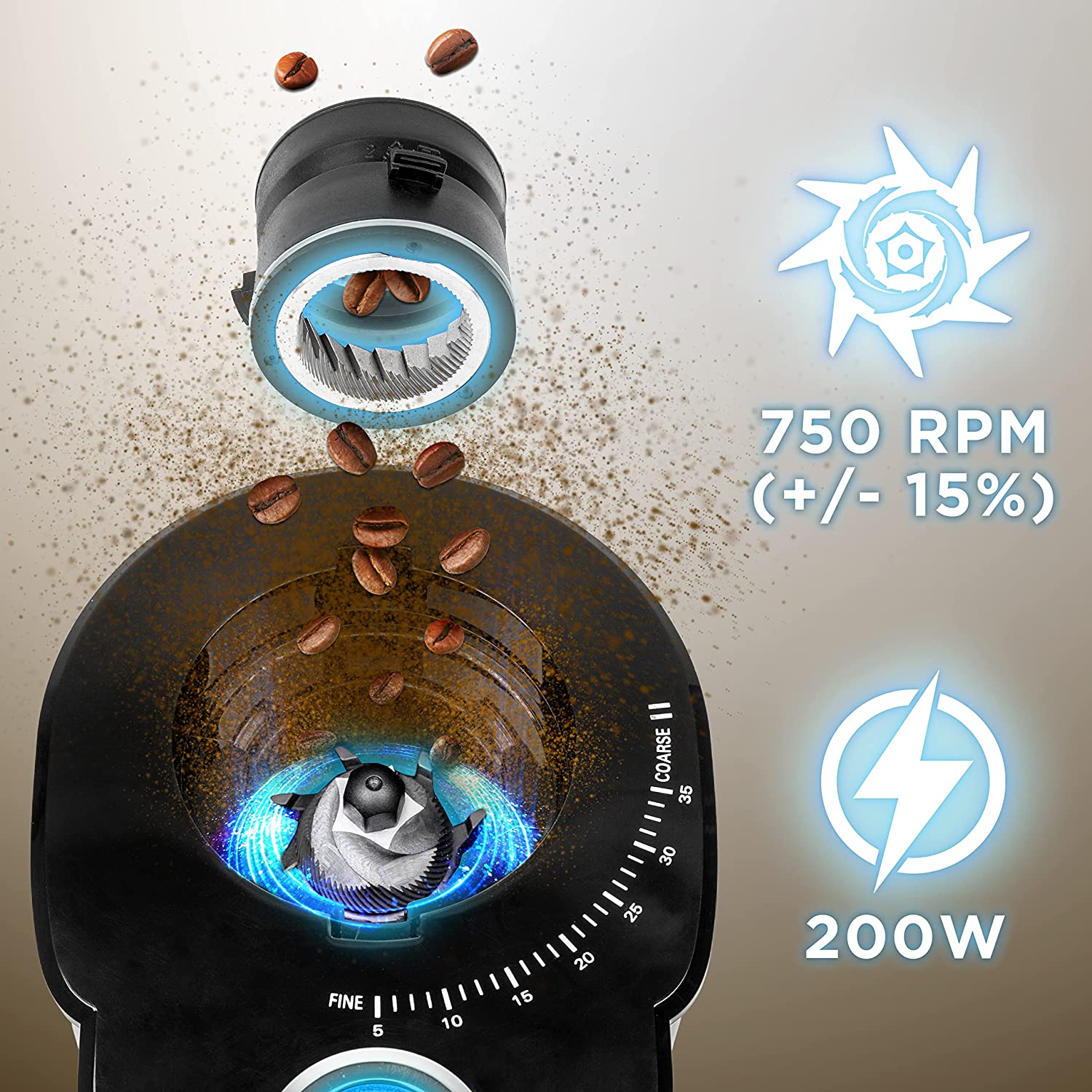 Duronic BG200 Molinillo de café eléctrico | Mostrando el sistema de muelas cónicas del molinillo eléctrico con granos de café cayendo hacia las cuchillas, destacando en pantalla las especificaciones técnicas de 750 RPM (+/- 15%) y una potencia de 200 W, junto al selector numérico de grosor desde 