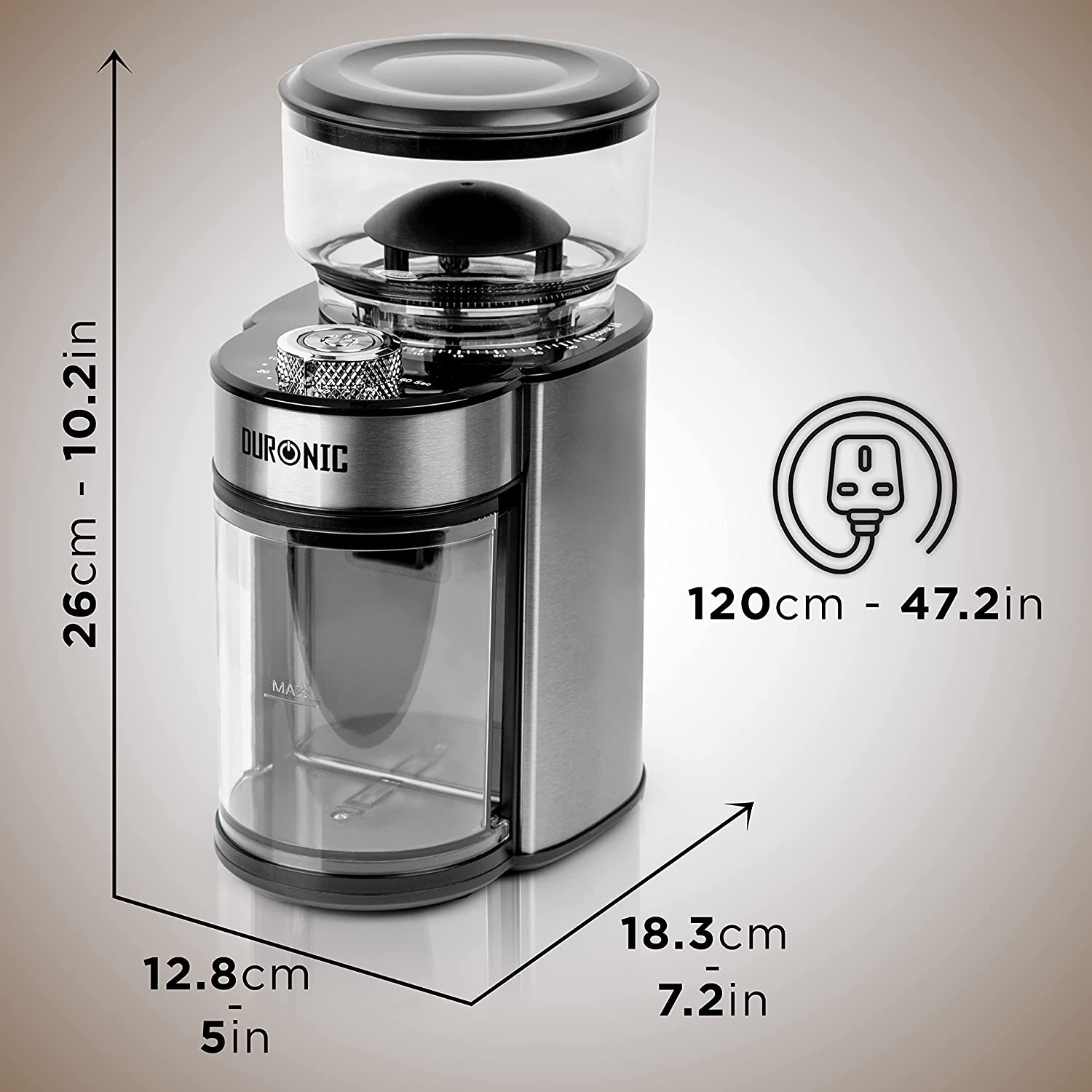 Duronic BG200 Molinillo de café eléctrico | Mostrando las dimensiones del molinillo de café (26 cm / 10.2 in de alto, 12.8 cm / 5 in de ancho y 18.3 cm / 7.2 in de profundidad) junto con la longitud de su cable de alimentación de 120 cm / 47.2 