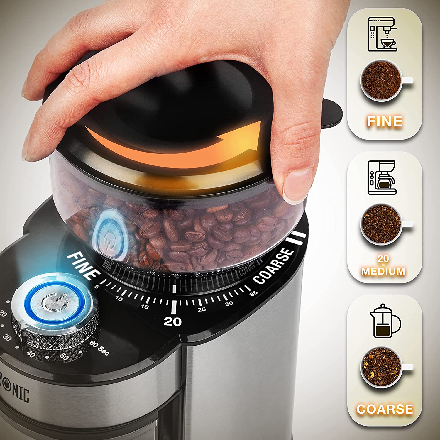 Duronic BG200 Molinillo de café eléctrico | Mostrando una mano ajustando el selector de nivel de molido en la parte superior del molinillo eléctrico con una flecha de giro, acompañado a la derecha por guías ilustrativas de los tipos de molienda: 