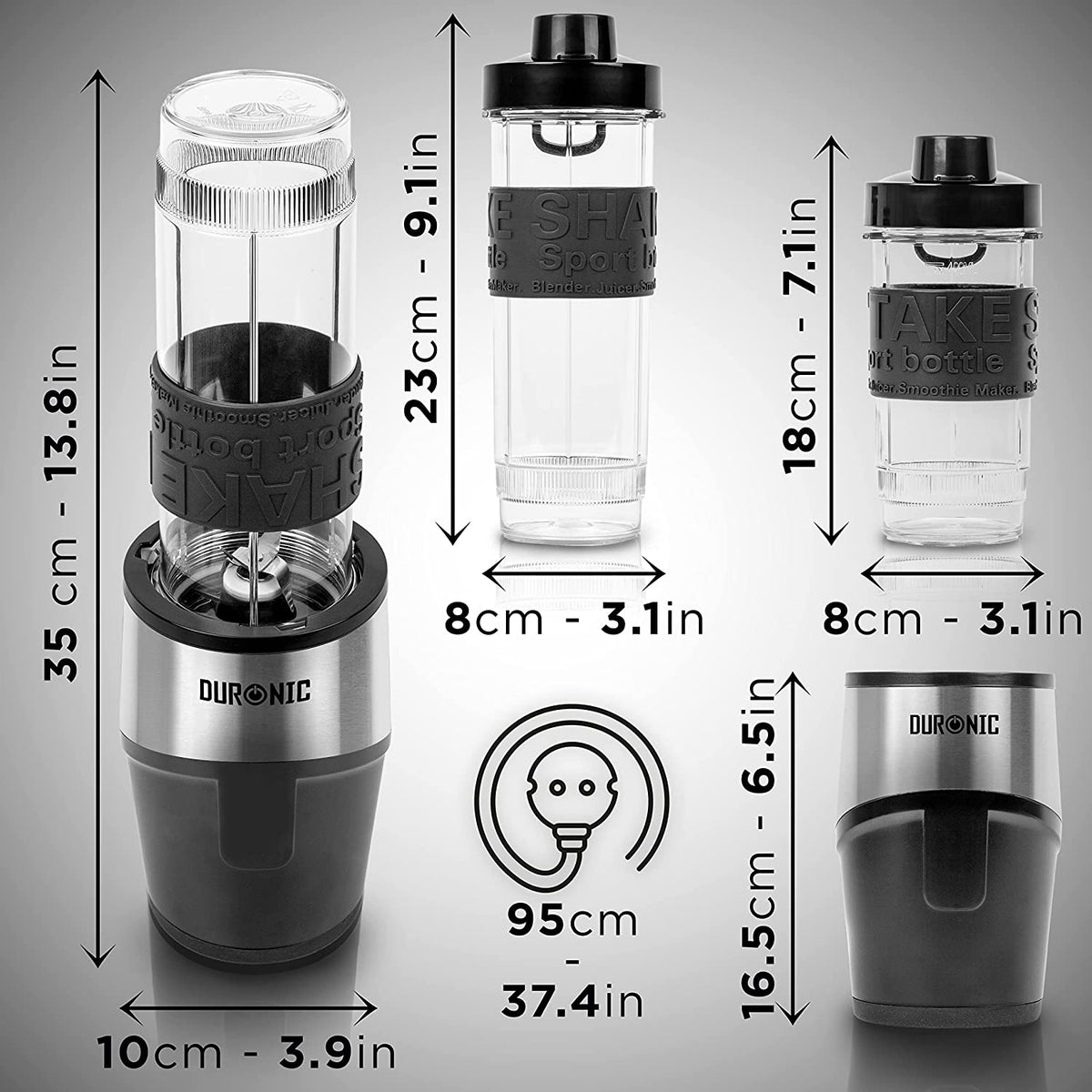 Duronic BL520 Mini Batidora de Vaso Individual 500W | Mostrando un diagrama detallado de las dimensiones del producto: altura total de la batidora montada de 35 cm / 13.8 in con una base de 10 cm / 3.9 in de ancho; la botella grande de 23 cm / 9.1 in de altura por 8 cm / 3.1 in de ancho; la botella pequeña de 18 cm / 7.1 in de altura por 8 cm / 3.1 in de ancho; la base del motor sola con 16.5 cm / 6.5 in de altura; y la longitud del cable de alimentación de 95 cm / 37.4 in