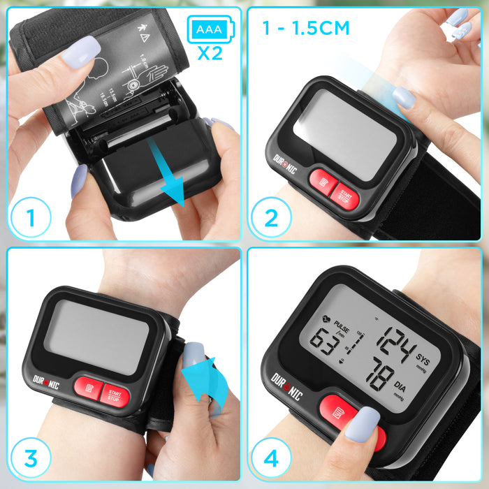 Duronic BPM65 BK Tensiómetro de muñeca digital Guía de uso en 4 pasos que muestra cómo colocar las pilas, ajustarlo a la muñeca y realizar la medición
