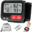 Duronic BPM65 BK Tensiómetro de muñeca digital Mostrando el dispositivo principal con su pantalla LCD encendida, acompañado de dos pilas AAA y una bolsa de transporte gris