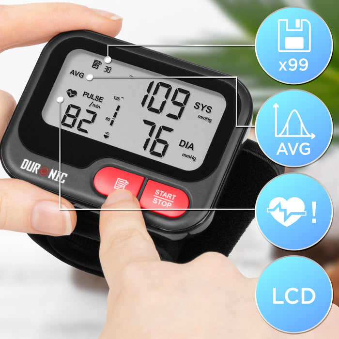 Duronic BPM65 BK Tensiómetro de muñeca digital Mostrando la función de memoria de lecturas, el promedio de mediciones y las alertas de ritmo cardíaco mediante los botones de control