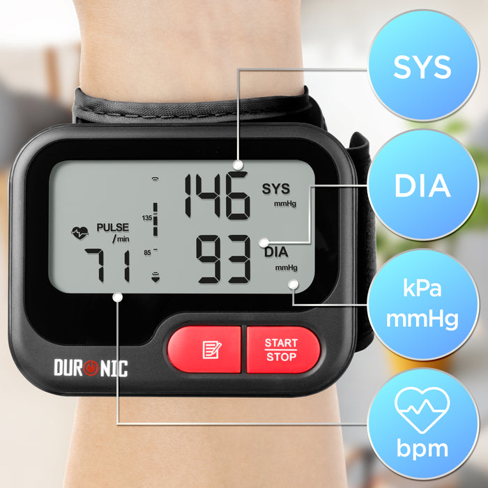 Duronic BPM65 BK Tensiómetro de muñeca digital Señalando los indicadores de presión sistólica (SYS), diastólica (DIA), unidades de medida (mmHg) y el pulso cardíaco en la pantalla