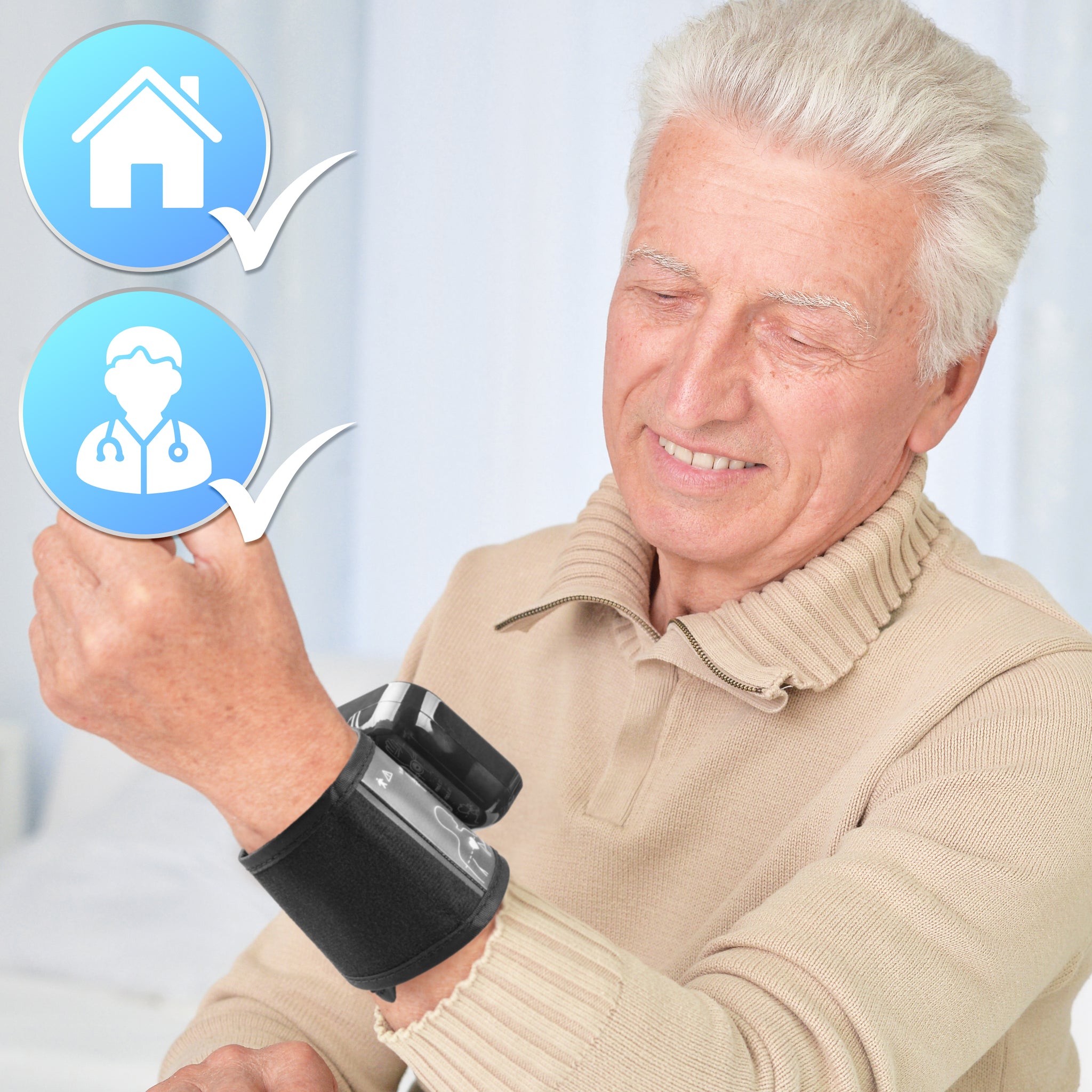 Duronic BPM65 BK Tensiómetro de muñeca digital Un usuario adulto mayor usando el tensiómetro colocado en su muñeca para un control de salud en casa