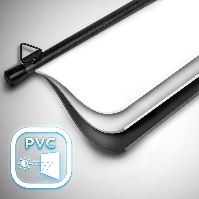 Duronic BPS50 Pantalla para Proyector de 50" Mostrando el material de PVC multicapa de la pantalla con reverso negro para evitar la filtración de luz y mejorar el contraste