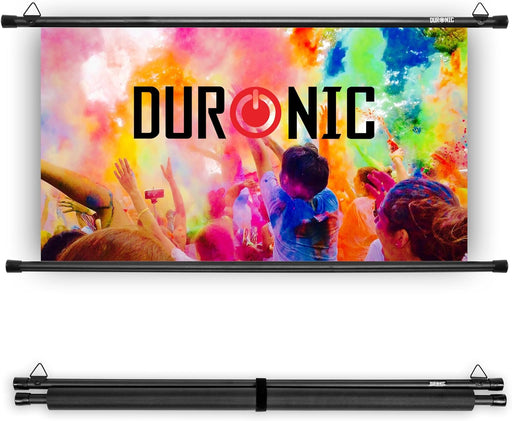 Duronic BPS50 Pantalla para Proyector de 50" Mostrando la pantalla desplegada con una imagen colorida de la marca y su versión enrollada con correa de sujeción