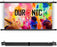 Duronic BPS50 Pantalla para Proyector de 50" Mostrando la pantalla desplegada con una imagen colorida de la marca y su versión enrollada con correa de sujeción