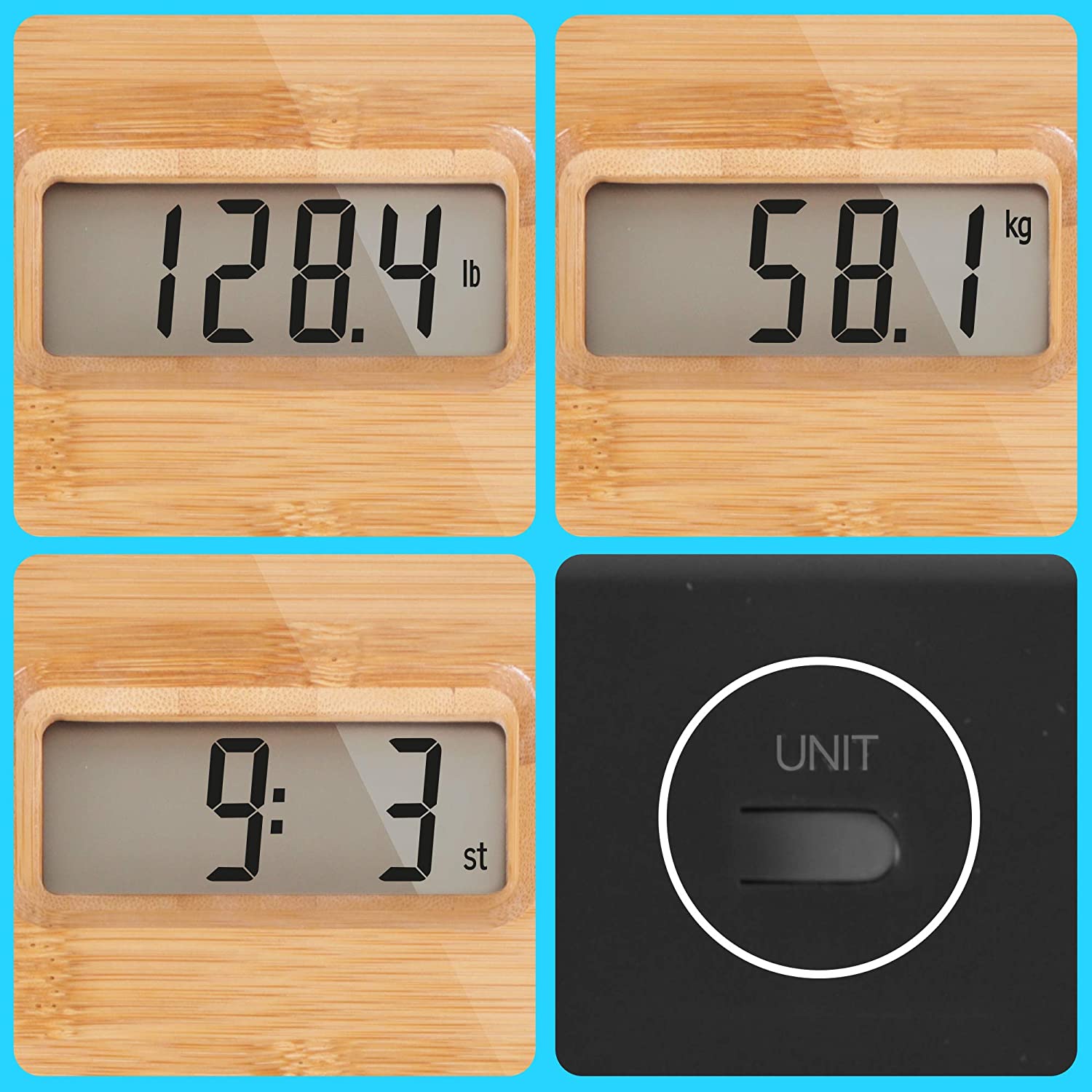 Duronic BS503 Báscula Personal Digital de 180 kg, Gran Pantalla LCD Mostrando cuatro vistas de la pantalla de la báscula y el botón de selección de unidades (