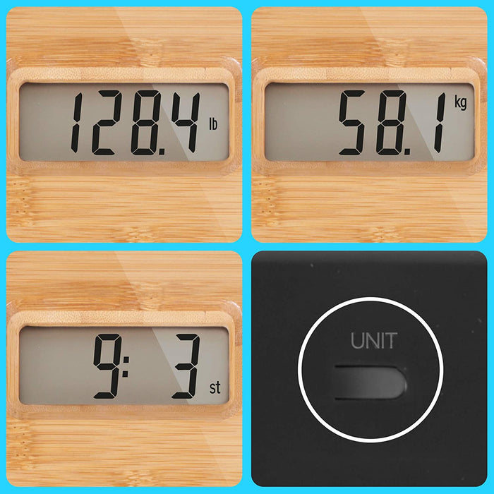 Duronic BS503 Báscula Personal Digital de 180 kg, Gran Pantalla LCD Mostrando cuatro vistas de la pantalla de la báscula y el botón de selección de unidades ("UNIT"), que reflejan las diferentes opciones de medición: 128.4 lb, 58.1 kg, 9: 3 st, y el botón selector