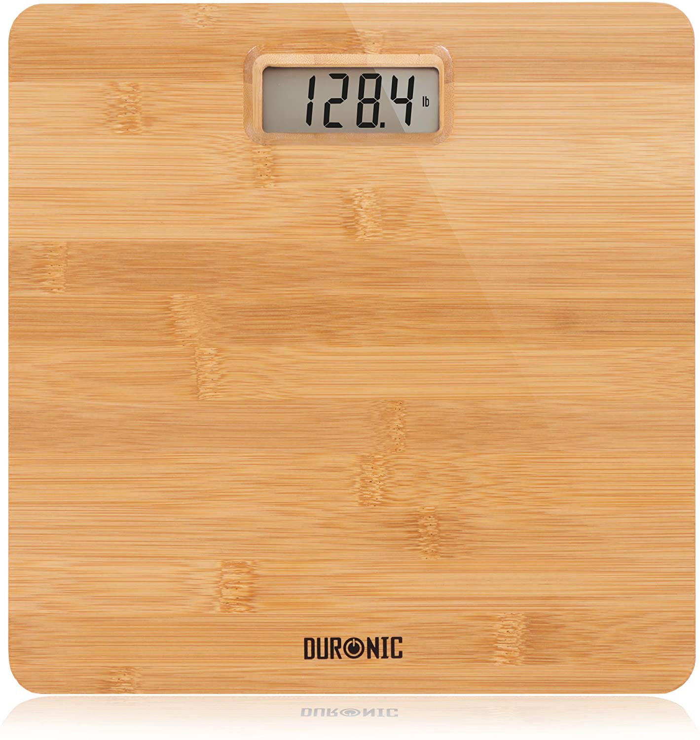 Duronic BS503 Báscula Personal Digital de 180 kg, Gran Pantalla LCD Mostrando la báscula de baño digital con plataforma de bambú, pantalla LCD superior mostrando un peso de 128.4 lb y el logotipo de Duronic en la parte inferior