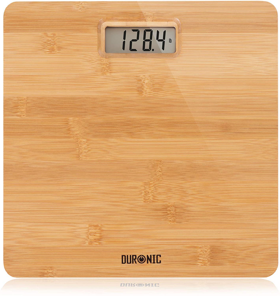 Duronic BS503 Báscula Personal Digital de 180 kg, Gran Pantalla LCD Mostrando la báscula de baño digital con plataforma de bambú, pantalla LCD superior mostrando un peso de 128.4 lb y el logotipo de Duronic en la parte inferior