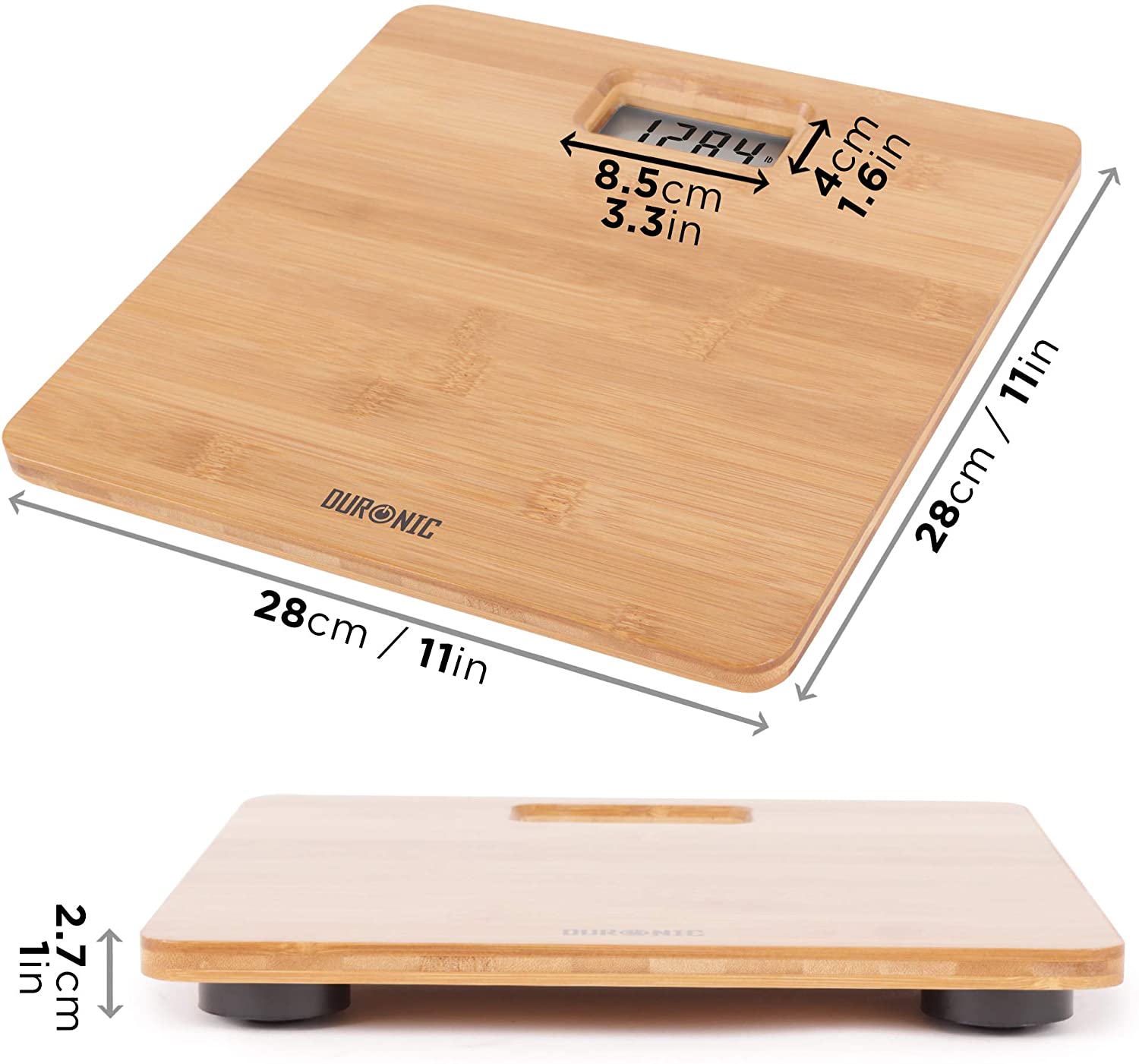 Duronic BS503 Báscula Personal Digital de 180 kg, Gran Pantalla LCD Mostrando las dimensiones detalladas de la báscula de baño de bambú: 28 cm x 28 cm (11 in x 11 in) de superficie, un grosor o altura de 2.7 cm (1 in), y una pantalla LCD que mide 8.5 cm x 4 cm (3.3 in x 1.6 in)