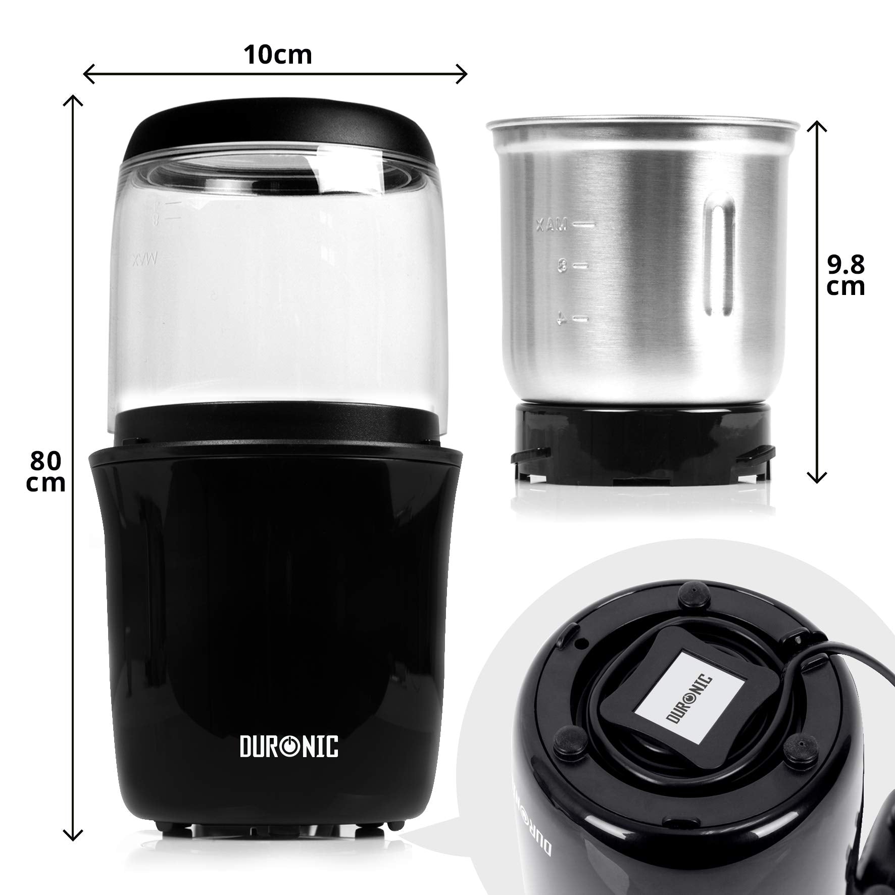 Duronic CG250 Molinillo de Café Eléctrico 250 W, Capacidad para 75 g | Mostrando las dimensiones técnicas del molinillo, con un ancho de 10 cm, una altura del cuerpo principal (indicada por error tipográfico en la imagen como 80 cm en lugar de 18 cm), la altura de la taza extraíble de 9.8 cm y un detalle de la base con sistema de almacenamiento de cable