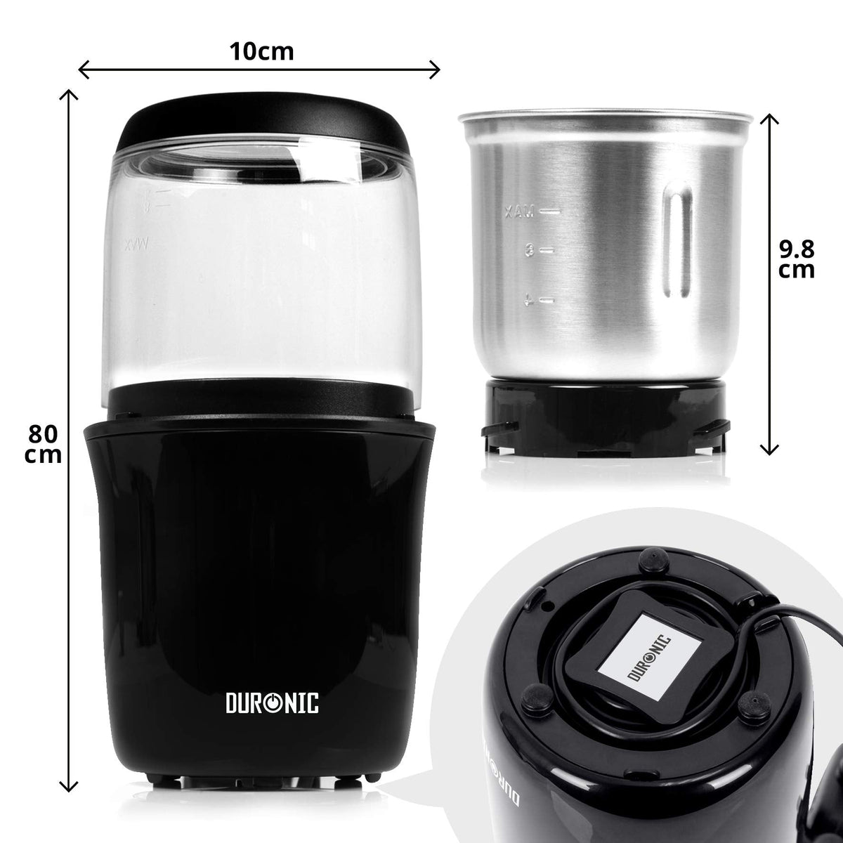 Duronic CG250 Molinillo de Café Eléctrico 250 W, Capacidad para 75 g | Mostrando las dimensiones técnicas del molinillo, con un ancho de 10 cm, una altura del cuerpo principal (indicada por error tipográfico en la imagen como 80 cm en lugar de 18 cm), la altura de la taza extraíble de 9.8 cm y un detalle de la base con sistema de almacenamiento de cable