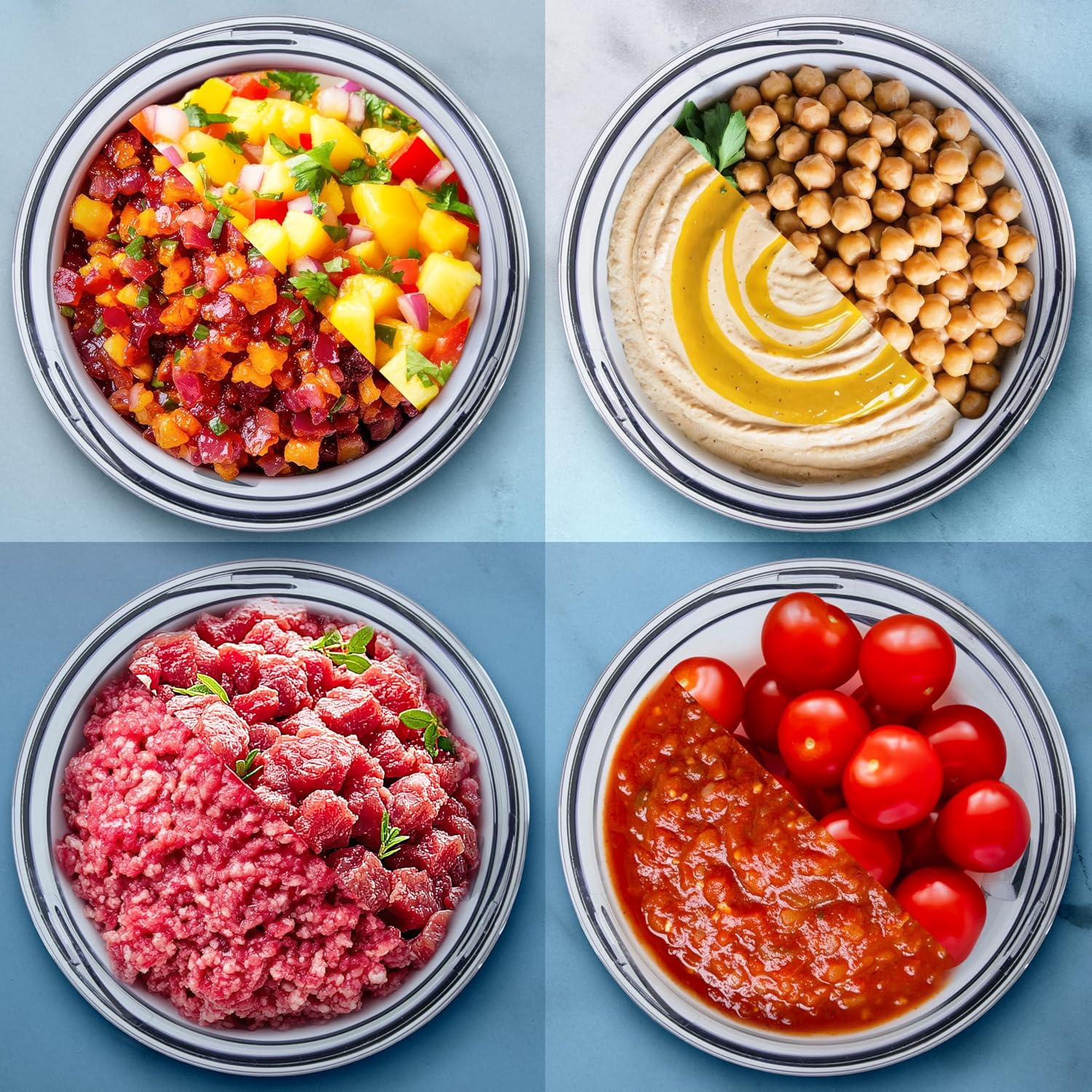 Duronic CH57 BK Mini Picadora Mostrando cuatro ejemplos de diferentes alimentos procesados en comparación con su estado original, incluyendo salsa o ensalada picada, hummus a partir de garbanzos, carne picada y salsa de tomate a partir de tomates enteros