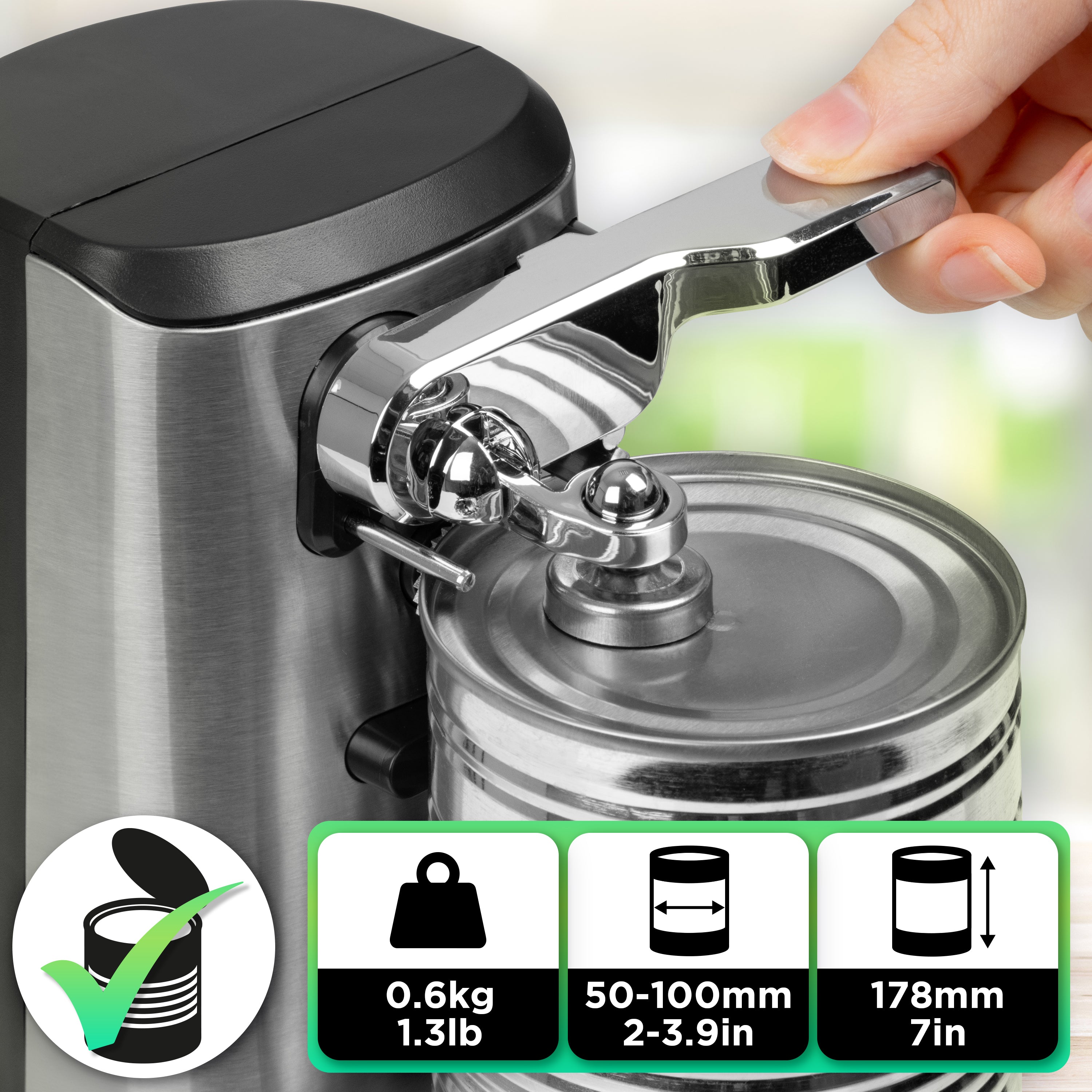 Duronic CO60 Abrelatas Eléctrico Mostrando el mecanismo de palanca para abrir una lata, junto con especificaciones técnicas clave: un peso de 0.6 kg (1.3 lb), capacidad para diámetros de lata de 50-100 mm (2-3.9 in) y una altura máxima de lata de 178 mm (7 in)