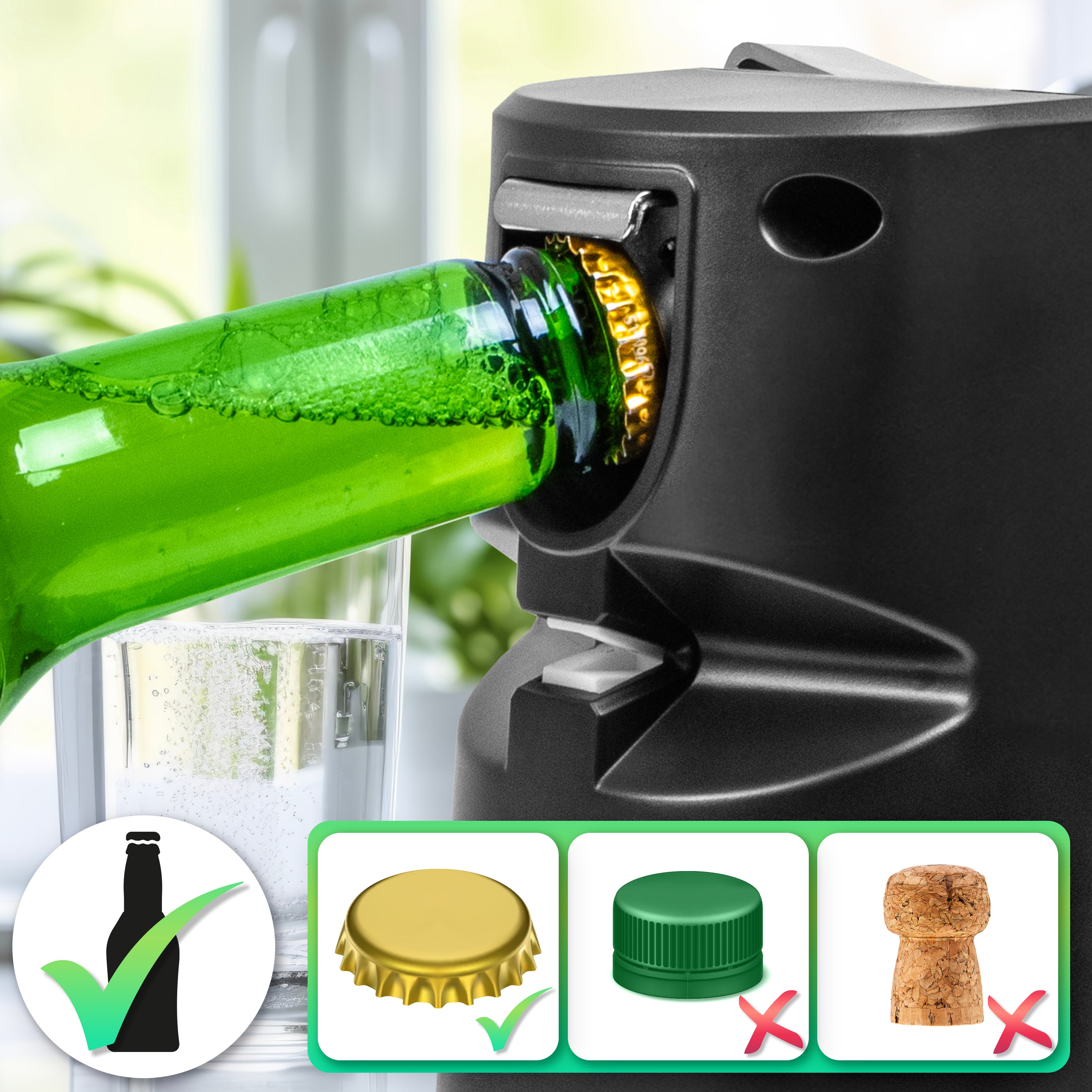 Duronic CO60 Abrelatas Eléctrico Mostrando la función de abrebotellas con una botella verde siendo destapada, acompañada de íconos que indican que es apto para chapas metálicas de corona, pero no para tapas de rosca ni corchos