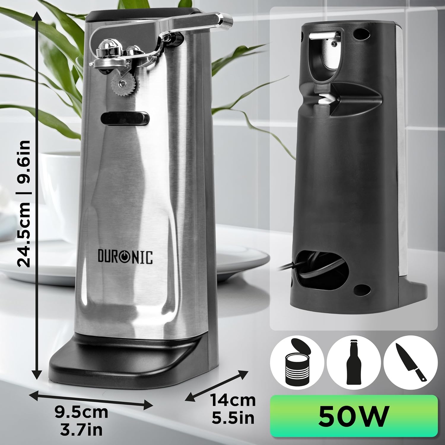 Duronic CO60 Abrelatas Eléctrico Mostrando las dimensiones de la unidad (24.5 cm de alto, 9.5 cm de ancho y 14 cm de profundidad), la parte trasera con almacenamiento para el cable, y las funciones integradas de abrelatas, abrebotellas y afilador con una potencia de 50 W
