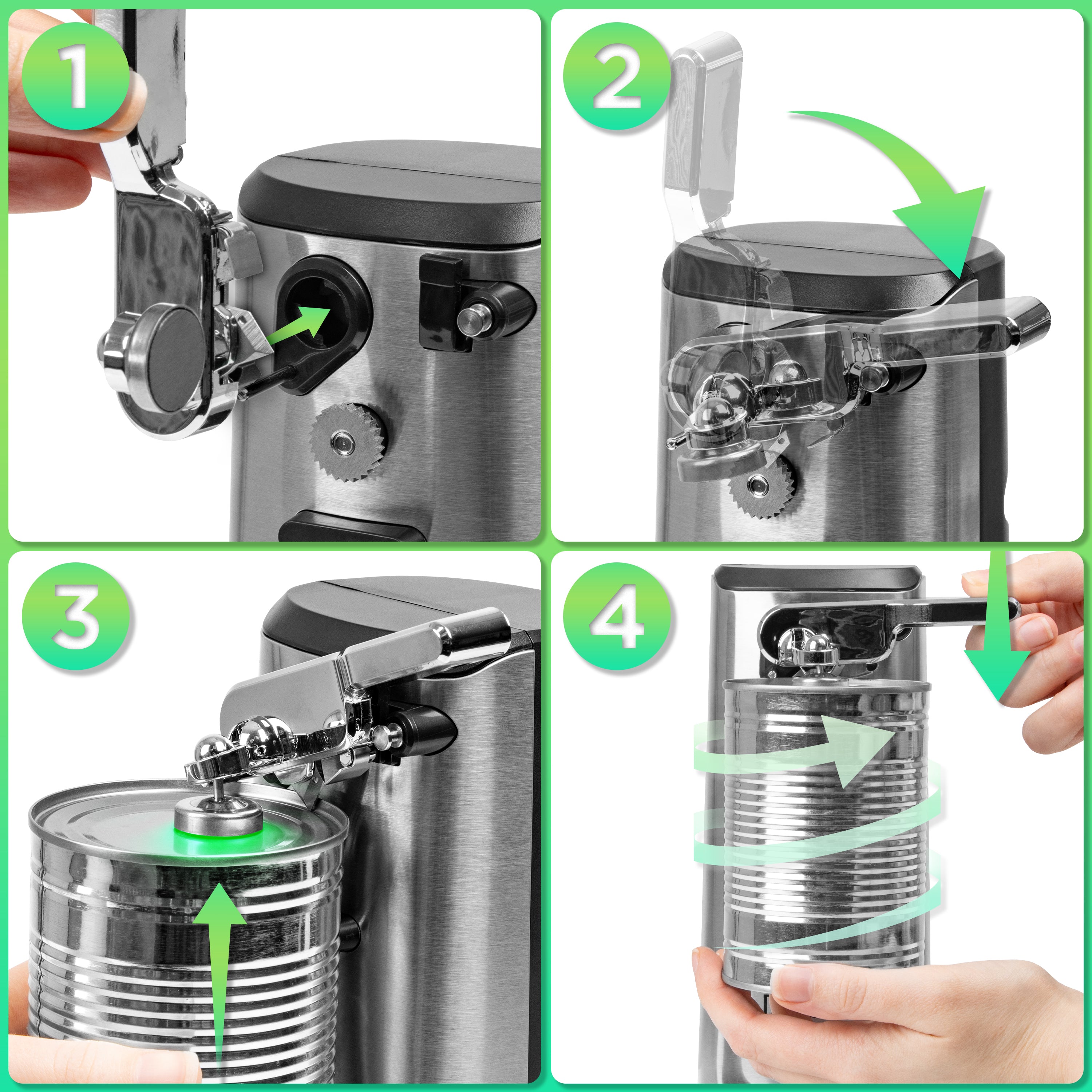 Duronic CO60 Abrelatas Eléctrico Mostrando los pasos ilustrados para el uso del abrelatas:

Paso 1: Inserte el conjunto del mecanismo en el puerto frontal del dispositivo.

Paso 2: Baje la palanca hacia la posición horizontal.

Paso 3: Coloque la lata debajo del mecanismo de corte y el imán.

Paso 4: Presione la palanca hacia abajo para que la lata gire y se abra automáticamente
