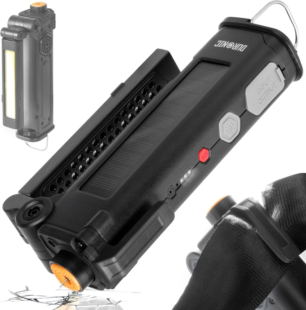 Duronic CT51, herramienta de emergencia para coche, mostrada en varios ángulos destacando su martillo rompecristales, panel solar, luz COB lateral y clip para correa de cinturón