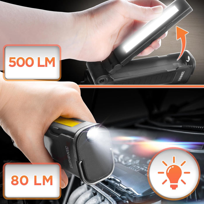 Duronic CT51, herramienta de emergencia para coche, mostrando su luz de trabajo COB de 500 lúmenes desplegada y su linterna frontal de 80 lúmenes iluminando el motor de un coche