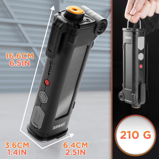 Duronic CT51, herramienta de emergencia para coche, mostrando sus dimensiones (16,6 cm de largo, 6,4 cm de ancho, 3,6 cm de grosor) y su peso de 210 g, sostenida por una mano gracias a su asa colgante