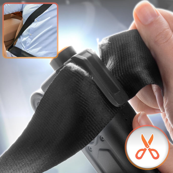 Duronic CT51, herramienta de emergencia para coche, mostrando una mano cortando un cinturón de seguridad con su cuchilla integrada, junto a una imagen de referencia del cinturón instalado en un asiento de coche