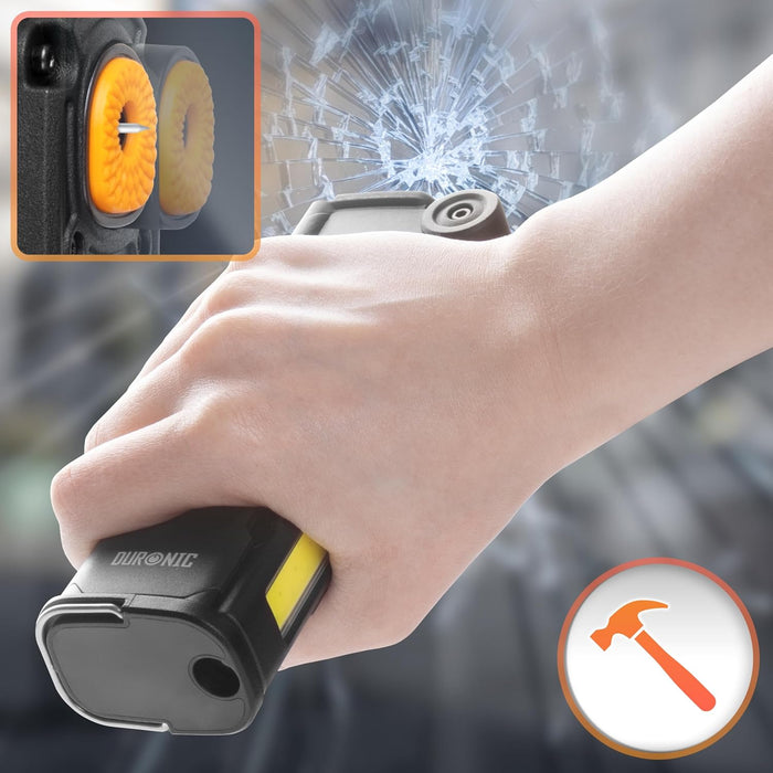 Duronic CT51, herramienta de emergencia para coche, sujetada por una mano golpeando un cristal de ventana con su punta rompecristales, mostrando el cristal haciéndose añicos