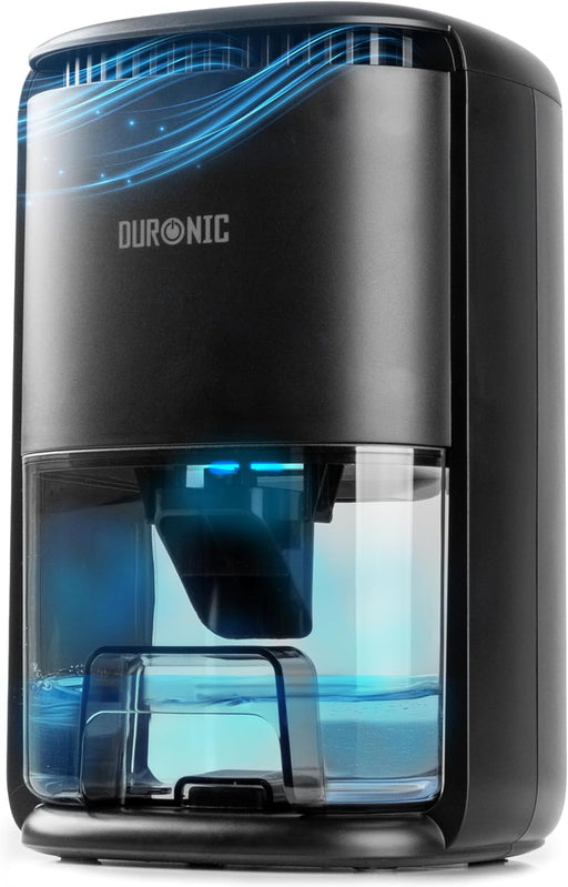 Duronic DH07 BK, deshumidificador eléctrico portátil, mostrado con el depósito de agua transparente lleno, iluminado en azul