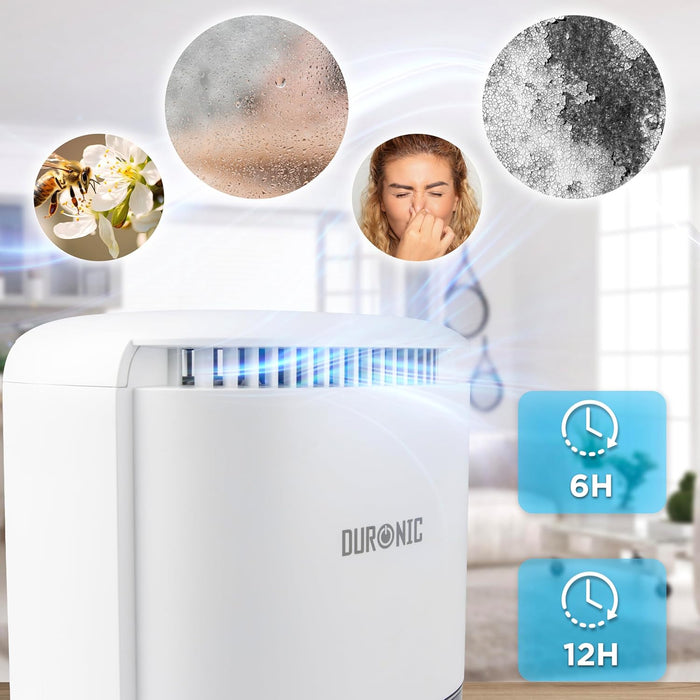 Duronic DH07 WE, deshumidificador eléctrico portátil, junto a una ventana empañada por la lluvia y una imagen de moho, mostrando las opciones de temporizador de 6 y 12 horas