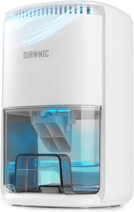 Duronic DH07 WE, deshumidificador eléctrico portátil, mostrado con el depósito de agua transparente lleno, iluminado en azul