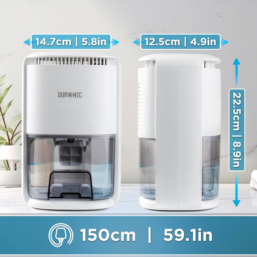Duronic DH07 WE, deshumidificador eléctrico portátil, mostrado desde dos ángulos con sus dimensiones (14,7 cm de ancho, 12,5 cm de profundidad, 22,5 cm de alto) y cable de 150 cm