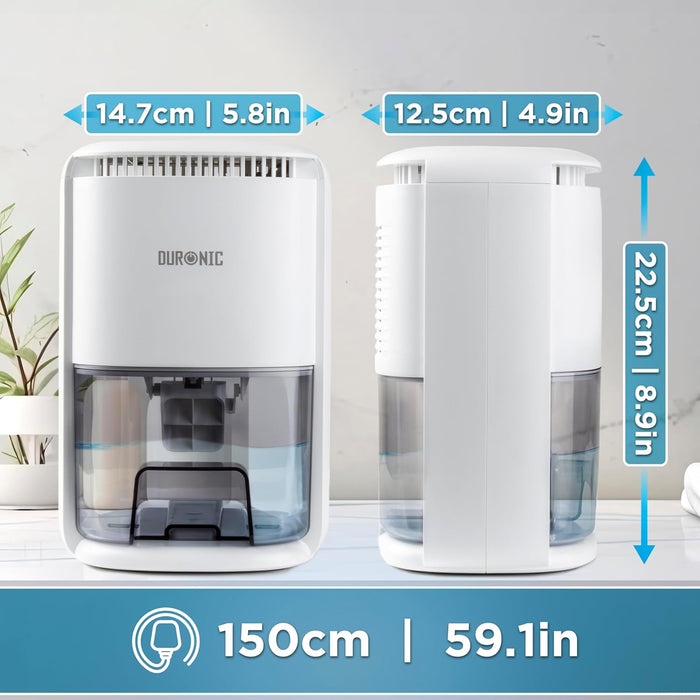Duronic DH07 WE, deshumidificador eléctrico portátil, mostrado desde dos ángulos con sus dimensiones (14,7 cm de ancho, 12,5 cm de profundidad, 22,5 cm de alto) y cable de 150 cm