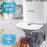 Duronic DH07 WE, deshumidificador eléctrico portátil, mostrando agua cayendo hacia el depósito de 1 litro de capacidad, con una mano retirando el depósito extraíble, junto al dato de extracción de 200 ml cada 24 horas