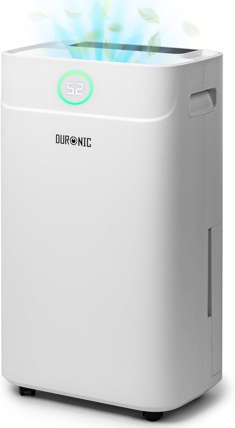 Duronic DH201 Deshumidificador Mostrando el cuerpo principal del deshumidificador portátil en color blanco con el panel de control superior, el indicador LED frontal y las ruedas en la base