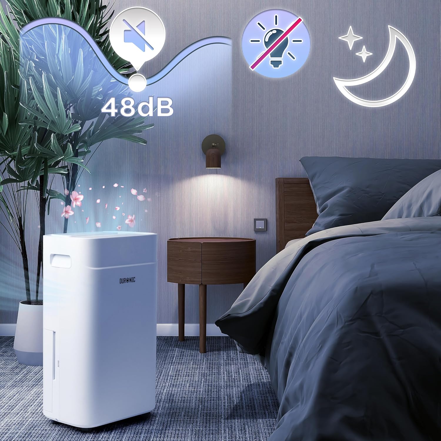Duronic DH201 Deshumidificador Mostrando el deshumidificador ubicado en una habitación junto a una cama, destacando su funcionamiento silencioso de 48 dB y modo nocturno con luces apagadas