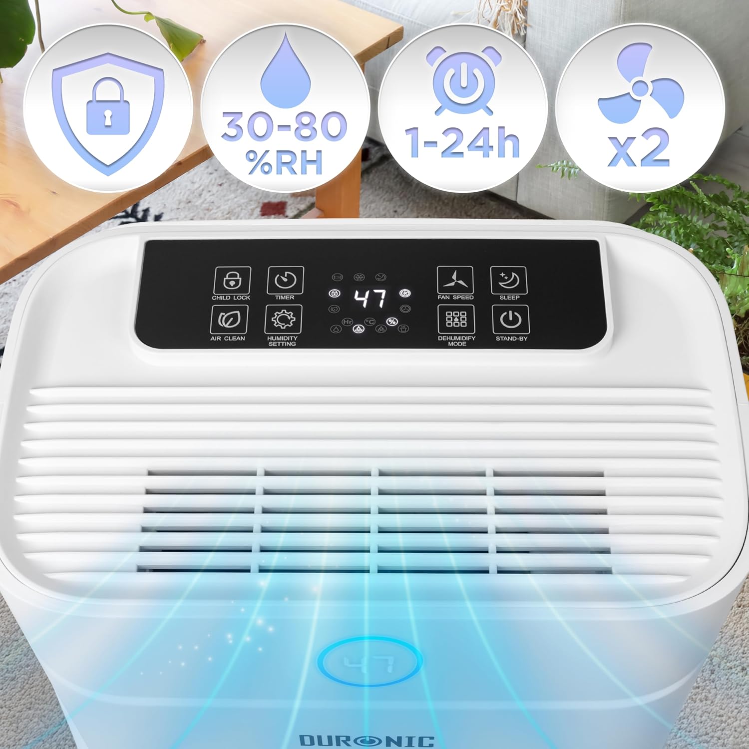 Duronic DH201 Deshumidificador Mostrando el panel de control táctil superior con funciones de bloqueo infantil, ajuste de humedad de 30 a 80% RH, temporizador de 1 a 24 horas y doble velocidad de ventilador
