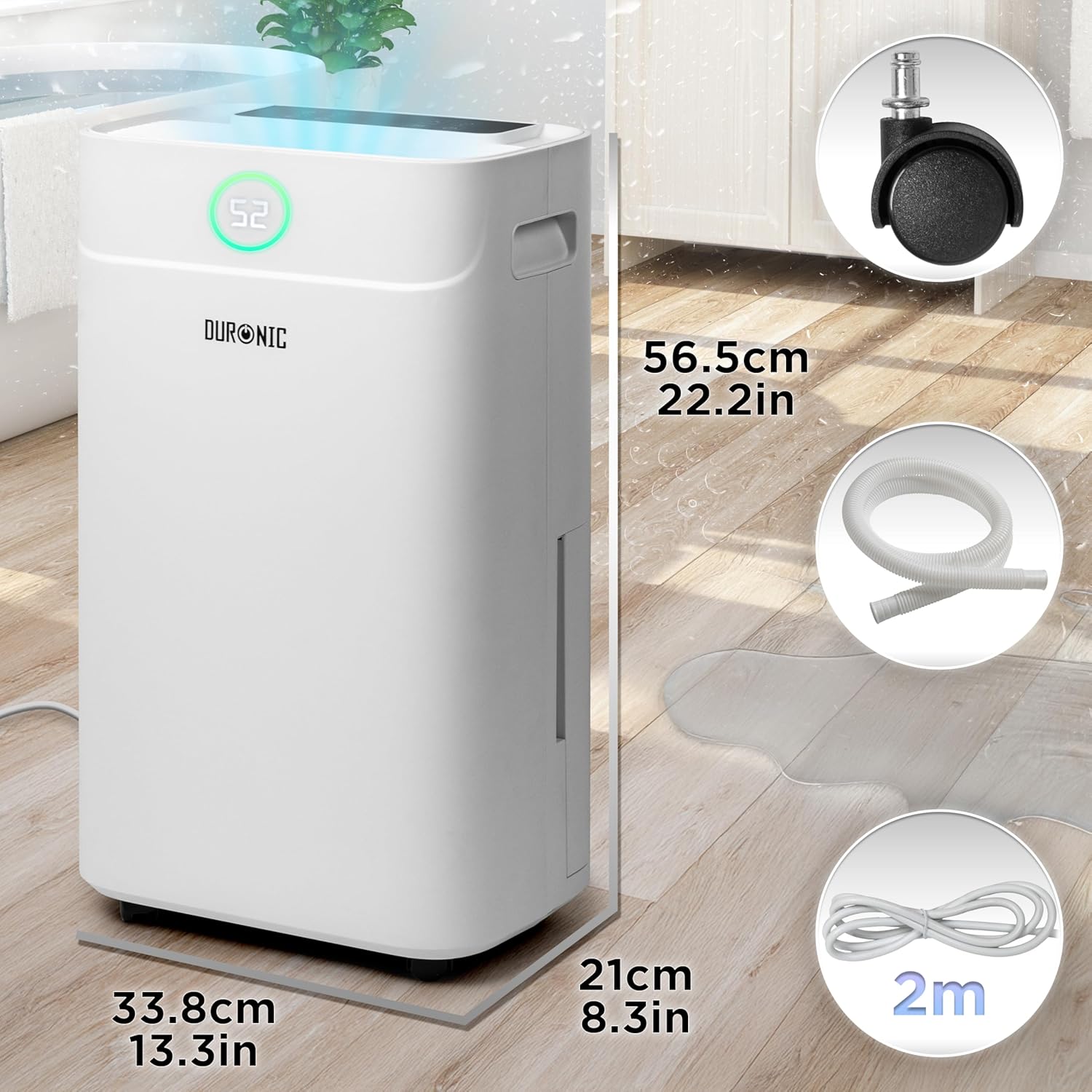 Duronic DH201 Deshumidificador Mostrando las dimensiones físicas del deshumidificador (33.8 x 21 x 56.5 cm), las ruedas para movilidad, la manguera de drenaje y el cable de alimentación de 2 metros