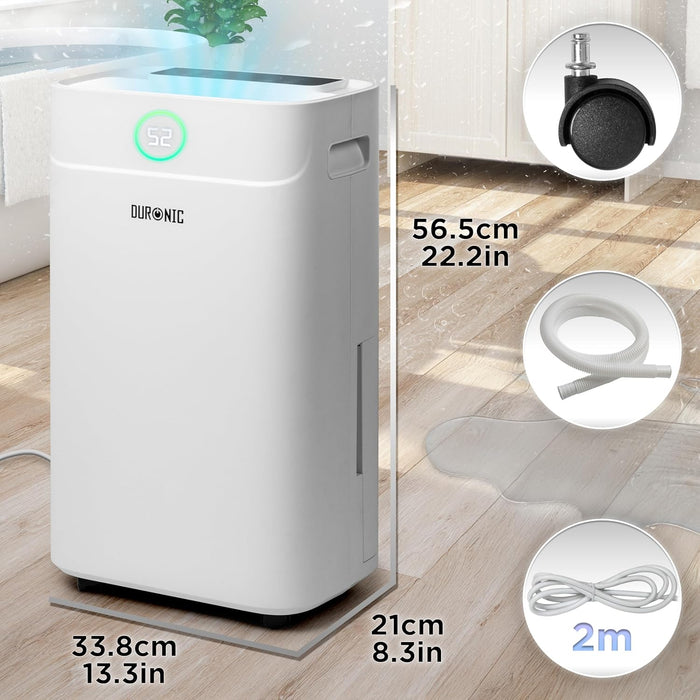 Duronic DH201 Deshumidificador Mostrando las dimensiones físicas del deshumidificador (33.8 x 21 x 56.5 cm), las ruedas para movilidad, la manguera de drenaje y el cable de alimentación de 2 metros