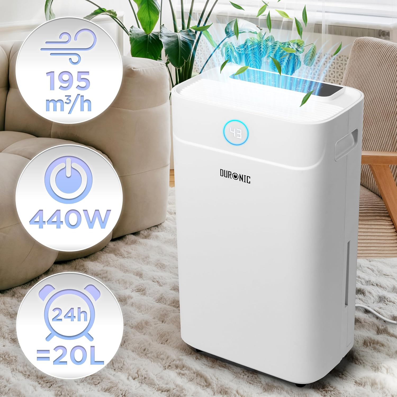 Duronic DH201 Deshumidificador Mostrando las especificaciones de rendimiento del aparato: flujo de aire de 195 metros cúbicos por hora, potencia de 440W y capacidad de extracción de hasta 20 litros en 24 horas