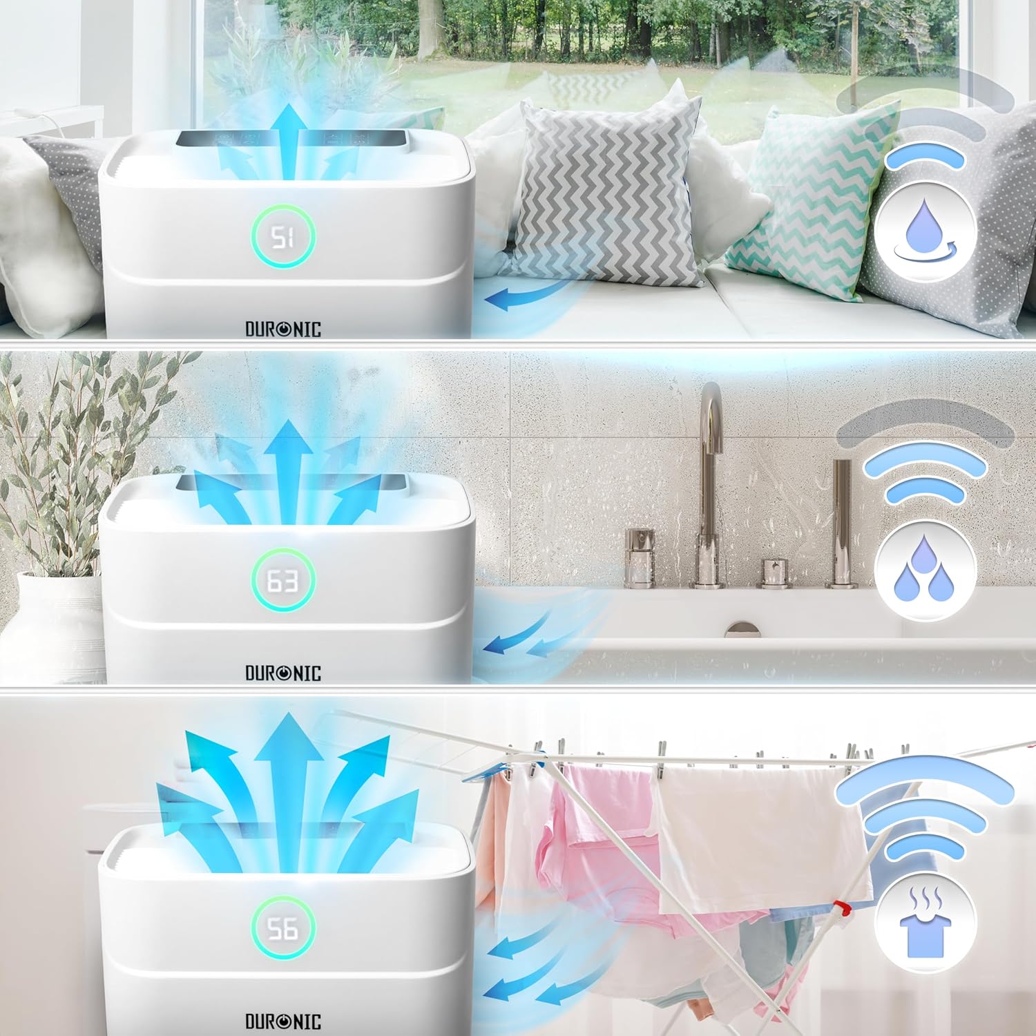 Duronic DH201 Deshumidificador Mostrando tres modos de uso del deshumidificador: control automático de humedad, modo continuo para baños y función de secado de ropa