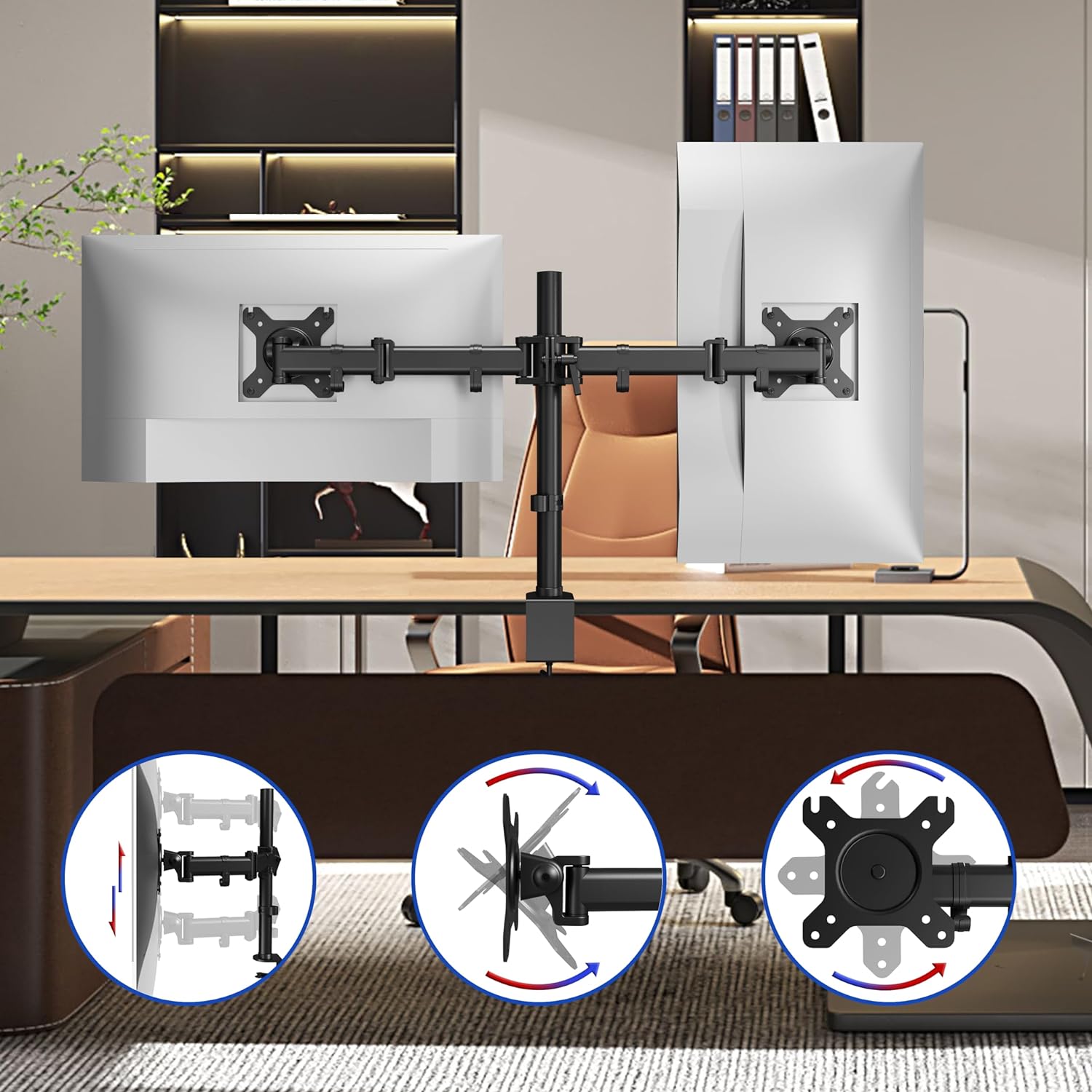 Duronic DM252 BK Soporte con Doble Brazo para Monitor | Mostrando la instalación del soporte de doble brazo con dos monitores —uno configurado en formato horizontal y otro en vertical— sobre un escritorio, destacando los tres círculos explicativos en la parte inferior que ilustran la regulación de altura en el poste central, la inclinación vertical y la rotación completa de 360 grados de los soportes VESA