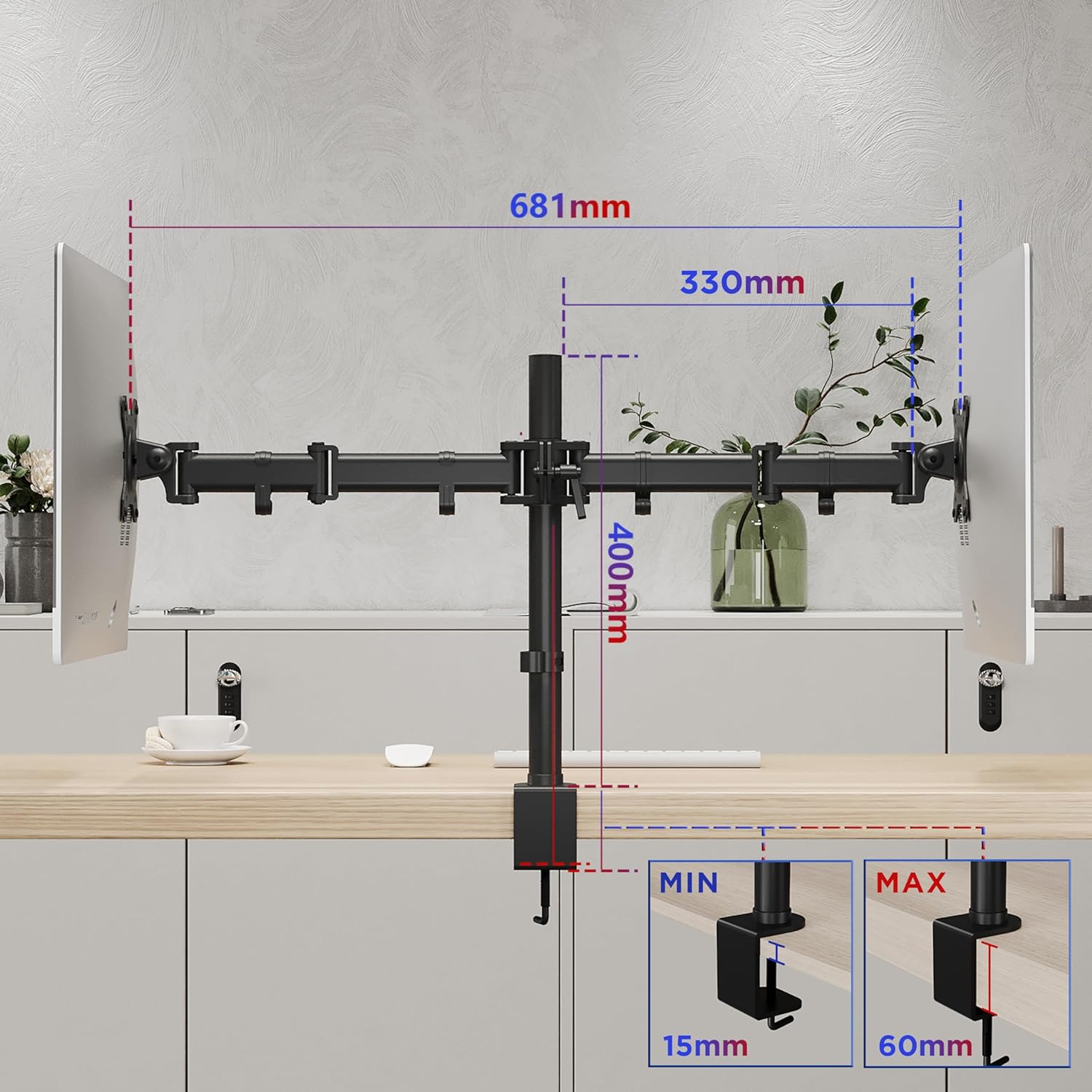 Duronic DM252 BK Soporte con Doble Brazo para Monitor | Mostrando las especificaciones técnicas del soporte de doble brazo con una envergadura total de 681 mm, poste central de 400 mm y abrazadera de escritorio con ajuste de grosor entre 15 mm (mínimo) y 60 mm (máximo)