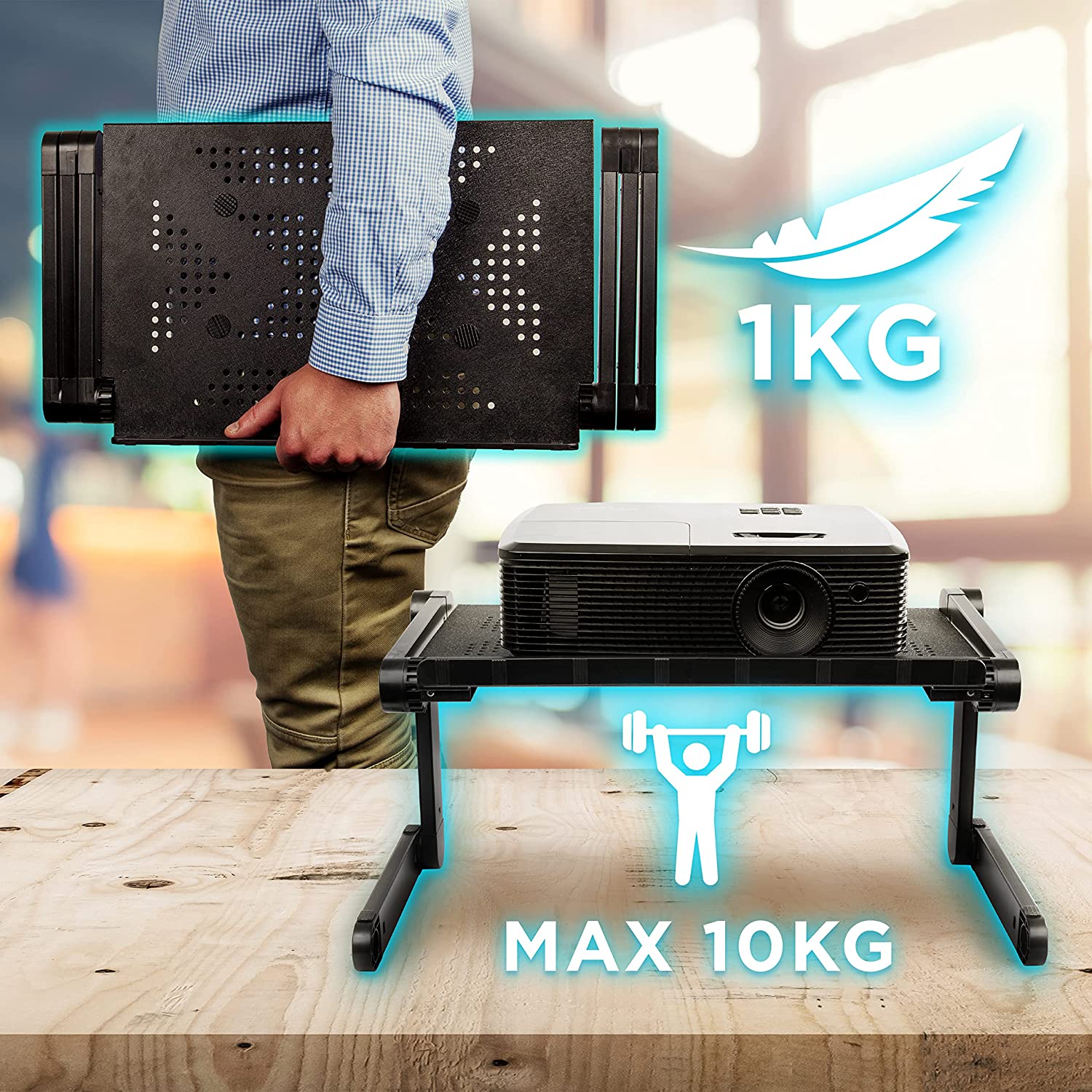 Duronic DML121 Soporte para Ordenador Portátil o Tablet Mostrando el peso ligero de 1 kg del soporte y su capacidad de carga máxima de hasta 10 kg con un proyector encima