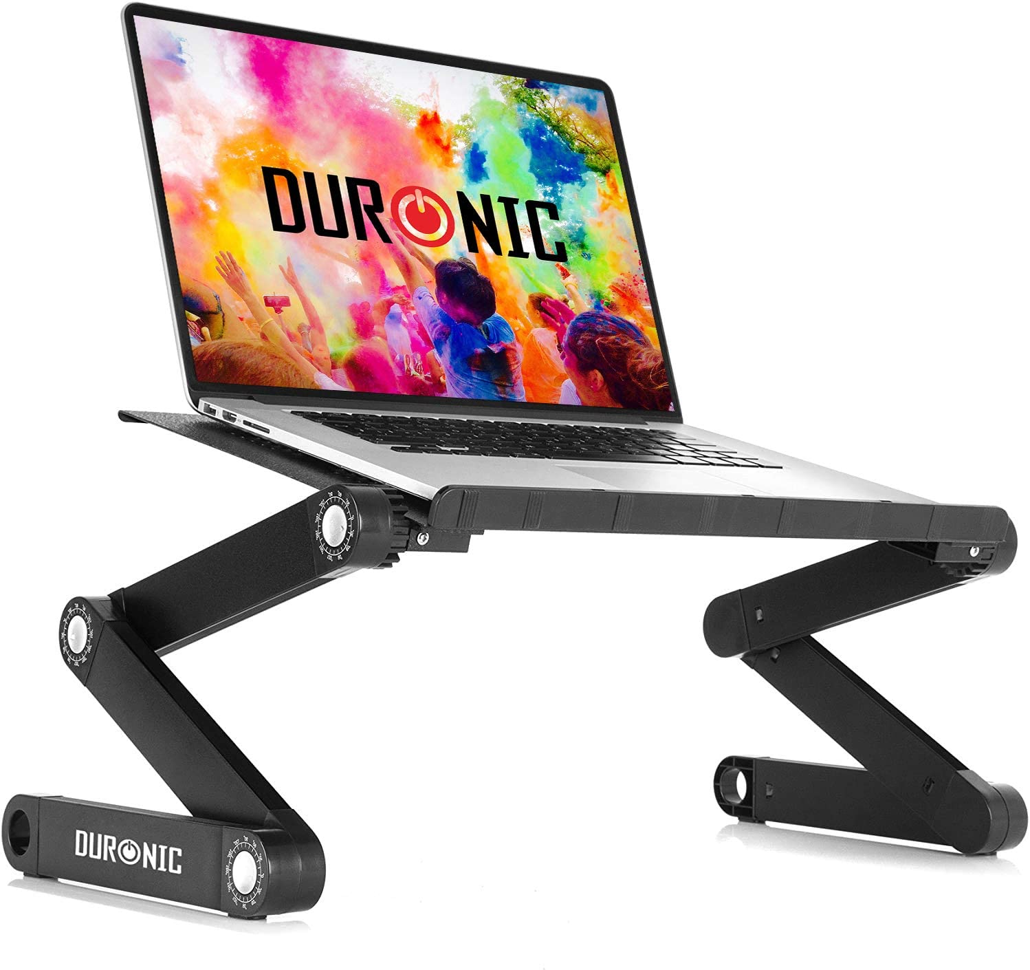 Duronic DML121 Soporte para Ordenador Portátil o Tablet Mostrando el soporte multiusos articulado en color negro con un ordenador portátil apoyado sobre su superficie ajustable