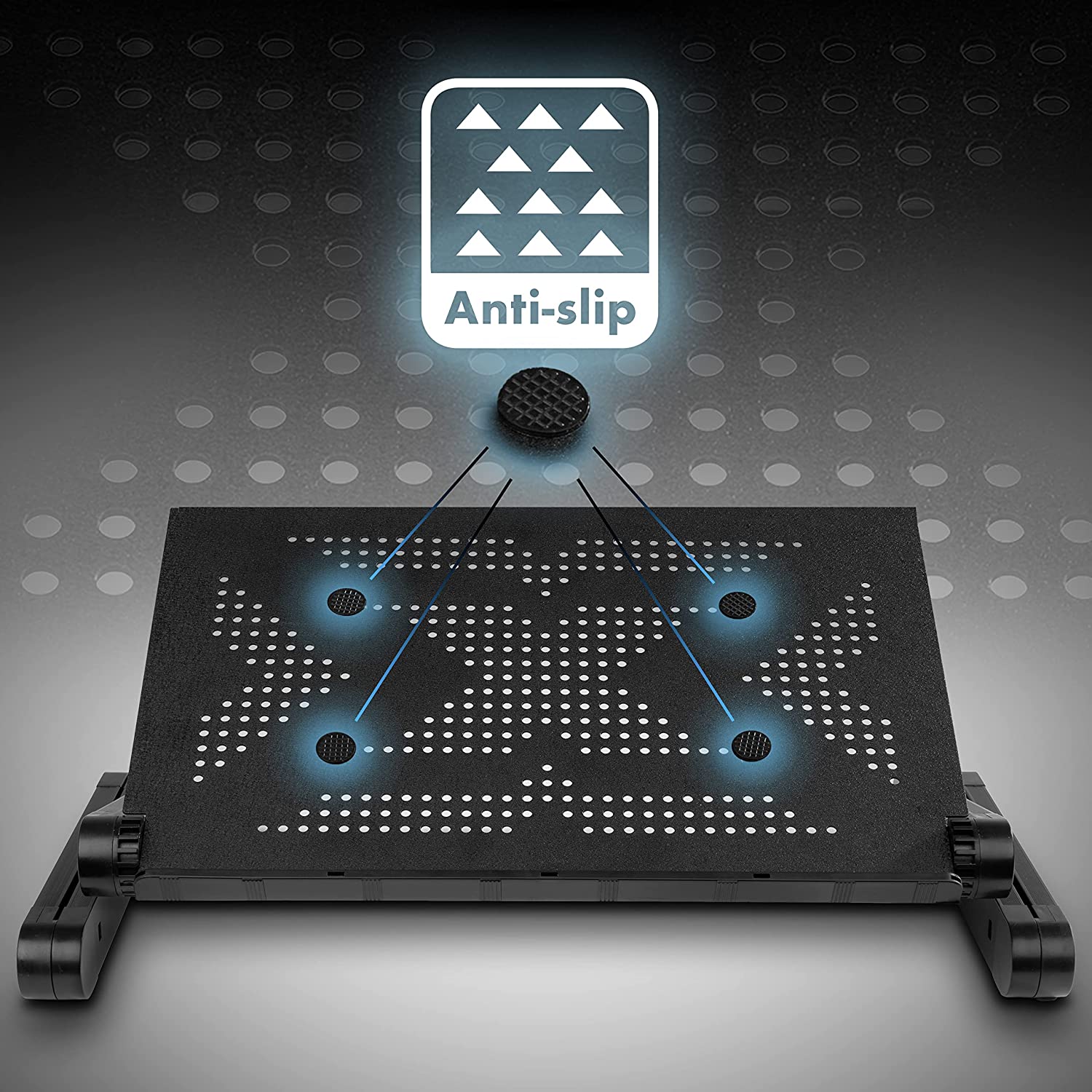 Duronic DML121 Soporte para Ordenador Portátil o Tablet Mostrando la superficie perforada con topes de goma antideslizantes para asegurar los dispositivos