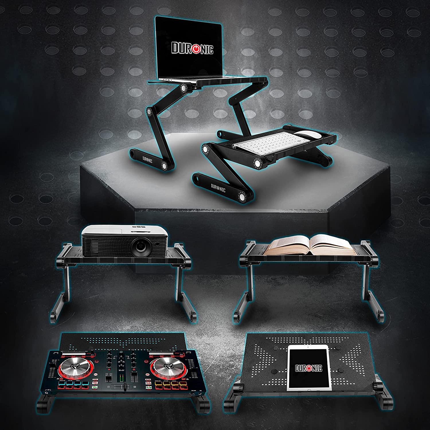 Duronic DML121 Soporte para Ordenador Portátil o Tablet Mostrando las diferentes configuraciones y usos posibles del soporte, incluyendo portátil, teclado, proyector, libro, mesa de mezclas DJ y tablet